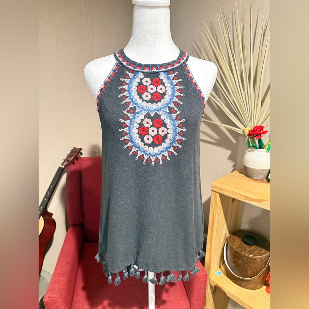 Savanna Jane Dark Gray Halter Tank with Red and Light Blue Embroidery